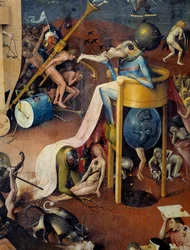 Helvedesdetaljen af højre del af triptykonen "The Garden of Terrestrial Delices"" af Hieronymus Van Aken (Aken) dit Jerome Bosch (1450-1516)