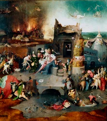 Tryptik af fristelser: "" Sankt Antons fristelser"" Centralpanel, der repræsenterer eneboeren Sankt Antonius den Store (251-356) (eller Sankt Antonius Eremitten eller Sankt Antonius Abbe), der lider under Djævelens fristelser i ørkenen. Maler af