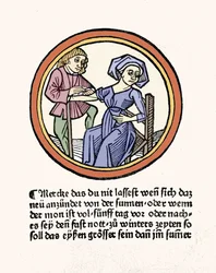En kvindes blødning. Xylografi taget fra "Buch de Surgery"" af Hyeronimus Braunschweig. Strasbourg 1497