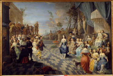 Bal på terrassen til et palads, tidligere kaldet bal ved Don Juan af Østrigs domstol Maleri af Hieronymus Janssens dit le Dancer (1624-1693) (ec.flam.) 1658 Søn. 1,14x1,7m Lille, Musee des Beaux Arts