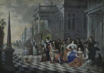 Karakterer, der laver musik foran et palads, 1672