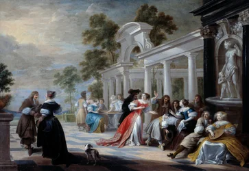 Spillet Hot Hand Unge fra den flamske adel, der leger i en park. Maleri af Hieronymus Janssens dit le Dancer (1624-1693) 1600-tallet søn. 0,58x0,83 m