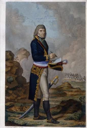 Portræt af kejser Napoleon Bonaparte (1769-1821). (Portræt af kejser Napoleon Bonaparte). Værk af Hilaire Ledru (1769-1840), indgravering farvet i akvarel, ca. 1810. Fransk kunst