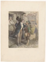 Velklædt herre tænder sin cigar fra piben fra en arbejder i klude Les extrêmes se touchent (titel på objekt) Litografiske skitser (serietitel) Croquis lithographiques (serietitel på objekt)