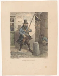 Militæret ringer til korporal, som gør sine forretninger på gaden kaporal! Venez reconnaître (titel på objekt) Litografiske skitser (serietitel) Croquis lithographiques (serietitel)