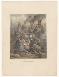 Mor sørger over sin dødeligt sårede søn på slagmarken La douleur maternelle (titel på objekt) Litografiske skitser (serietitel) Croquis lithographiques (serietitel)