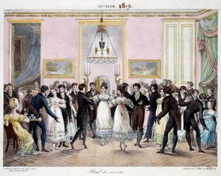 Societe ball i Paris i butikken med farveblyanter Conte, place du palais royal i februar 1819 Litografi af Hippolyte Lecomte (1781-1857) 1819. Paris, Musee Carnavalet