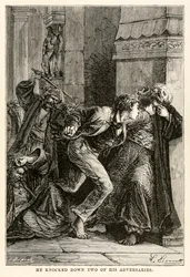 Han væltede to af sine modstandere, fra Around the World in Eighty Days af Jules Verne (1828-1905), indgraveret af Louis Dumont (f.1822), 1873