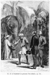 Phileas Fogg foran en elefant, illustration fra "Jorden rundt på 80 dage" af Jules Verne (1828-1905) sidst i det 19. århundrede