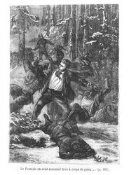 Franskmanden var i stand til at flade tre af dem med et slag, illustration fra Jorden rundt på firs dage af Jules Verne (1828-1905) indgraveret af Henri Theophile Hildibrand (1824-97) 1873 (graveret
