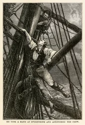 Han tog hånd om alt og forbløffede besætningen, fra Jorden rundt på firs dage af Jules Verne (1828-1905) indgraveret af Henri-Théophile Hildebrand (1824-97), 1873