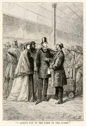 Jeg arresterer dig i dronningens navn, fra Jorden rundt på firs dage af Jules Verne (1828-1905), 1873