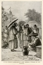 I sin spadseretur stødte Passepartout på en række gamle indfødte, fra Jorden rundt på firs dage af Jules Verne (1828-1905), indgraveret af Adolphe François Pannemaker (1822-1900), 1873