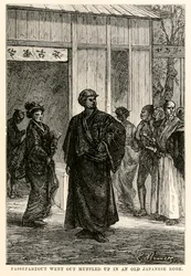 Passepartout gik ud, indhyllet i en gammel japansk kåbe, fra Jorden rundt i 80 dage af Jules Verne (1828-1905), graveret af Louis Prevost, 1873