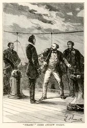 „Pirater!“, råbte Andrew Speedy, fra Jorden rundt i 80 dage af Jules Verne (1828-1905), graveret af Louis Dumont (f. 1822), 1873