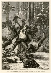 Franskmanden havde bedøvet tre med næverne, fra Jorden rundt på firs dage af Jules Verne (1828-1905) indgraveret af Henri-Théophile Hildebrand (1824-97), 1873