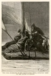Kulden, øget med den enorme hastighed, fratog dem talens magt, fra Jorden rundt på firs dage af Jules Verne (1828-1905) indgraveret af Adolphe François Pannemaker (1822-1900),