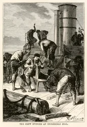 Besætningen udviste en utrolig iver fra Jorden rundt på firs dage af Jules Verne (1828-1905) indgraveret af Louis Dumont (f.1822), 1873