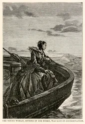 Den unge kvinde, der sad i agterstavnen, gik tabt i kontemplation, fra Jorden rundt på firs dage af Jules Verne (1828-1905), indgraveret af Jean Louis Prevost, (1790-1850), 1873