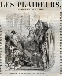 Les Plaideurs (1668) komedie i tre akter - indgravering i "" Værker af Jean Racine"" illustreret af Pauquet og opslag af Emile de La Bedolliere - 1851