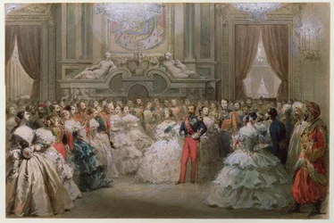 Dronning Victoria (1819-1901) og Prins Albert (1819-61) ved en gallamiddag givet af Napoleon III og Eugenie, 1853 (wc på papir)