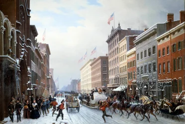 En gade fra Manhattan til New York i 1840 Maleri af Hippolyte Victor Valentin Sebron (1801-1879) 1840 Søn. 2,25 X 3,30 m Blerancourt. Musee Franco American - Street på Manhattan, New York