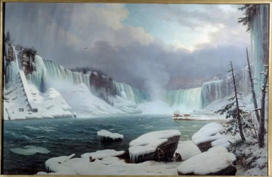 Den store Niagara grå stær, vintereffekt. Udsigt over Niagara Falls. Maleri af Hippolyte Victor Valentin Sebron (1801-1879)
