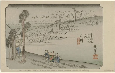 Futagawa Nr. 34. Futagawa: et af de treoghalvtreds bemærkede steder på Tokaido, malet af Hiroshige (titel på objektet) De Tôkaidô van Hiroshige (serietitel) Hiroshige no fude Tôkaidô (serietitel på objekt)