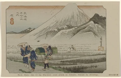 Hara Nr. 14. Hara: et af de treoghalvtreds bemærkede steder på Tokaido. Malet af Hiroshige (titel på objekt) De Tôkaidô van Hiroshige (serietitel) Hiroshige no fude Tôkaidô (serietitel på objekt)