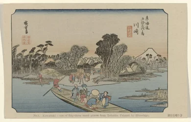Kawasaki Nr. 3. Kawasaki: et af de treoghalvtreds bemærkede steder fra Tokaido. Malet af Hiroshige (titel på objekt) De Tôkaidô van Hiroshige (serietitel) Hiroshige no fude Tôkaidô (serietitel på objekt)