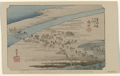 Shimada Nr. 24. Shimada: et af de treoghalvtreds bemærkede steder på Tokaido, malet af Hiroshige (titel på objektet) De Tôkaidô van Hiroshige (serietitel) Hiroshige no fude Tôkaidô (serietitel på objekt)