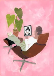 En mand ser geisha-pige på iPad, 2017，