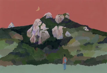 Mand med rygsæk rejser i bjergene, 2015 (gouache på papir)