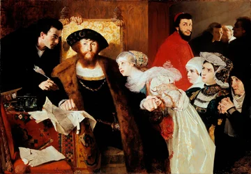 "Christian II underskriver Torben Oxes dødsdom i 1517" (Christian II underskriver Torben Oxes dødsordre) Maleri af Eilif Peterssen (1852-1928) - 1876 - Olie på lærred - Størrelse 141,5x200 cm National Museum of A