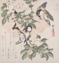 Spring Rain Collection Harusame shu, vol. 3: Sumpmejser og krabbeæbleblomster, ca. ..., ca. 1820.