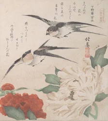 Spring Rain Collection Harusame shu, vol. 3: Svaler og pæoner, ca. 1820., ca. 1820.