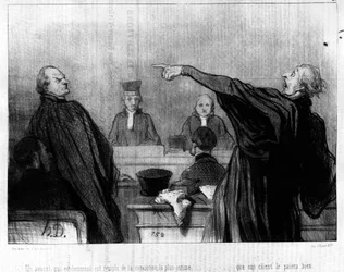 En advokat, der tydeligvis er fyldt med den mest intime overbevisning... om, at hans klient vil parre ham godt, taget fra "Gens de Justice"-serien af tegnefilm om Justice af Honore Daumier (1808-1879). “Charivari”
