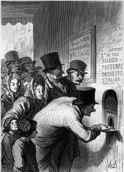 Et teatervindue. Tegnefilm af Honore Daumier (1808-1879). Indgravering i "" Le Monde Illustré"" nr. 269 af 7. juni 1862.
