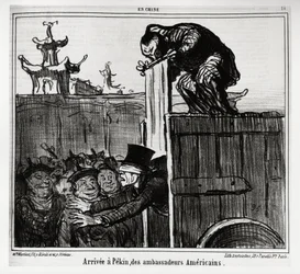 Ankom til Pekin af amerikanske ambassadører. I serie En Chine, illustration af Honore Daumier (1808-1879), udgivet i "" Charivari"", dateret 13. oktober 1859.