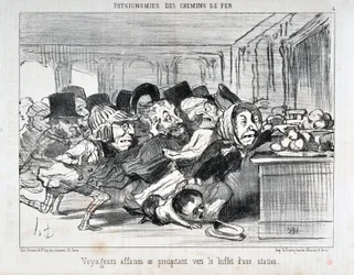 Kunstværk af Honore Daumier (1808-1879) Charivari stammer fra 1852: Serie PHYONOMIES DES CHAIN ​​​​DE FERR Sultne rejsende skynder sig til buffeten på en station MUSEE DES BEAUX ARTS - PALAIS LONGCHAMP, MARSEILLE
