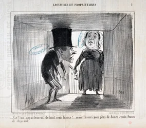 Kunstværk af Honore Daumier (1808-1879) Charivari stammer fra 1854: Serie TENNIQUES AND OWNERS "" Ca!... en lejlighed på otte hundrede francs!... men jeg vil bruge for mere end tolv hundrede francs hatte"" MUSEE DES BEAUX ARTS - PALAIS LONGCHAMP, MARSEILLE