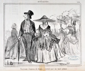 Kunstværk af Honore Daumier (1808-1879) Charivari stammer fra 1855: Serie Actualites "" Nye damehatte, opfundet af en jaloux mand "" MUSEE DES BEAUX ARTS - PALAIS LONGCHAMP, MARSEILLE