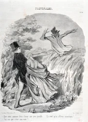 Kunstværk af Honore Daumier (1808-1879). Charivari går tilbage til 1845: Serie PASTORALES "" Hvor er vi gode til at have sådan en frygt... "Jeg troede, han var min mand!" KUNSTMUSEET - PALACE LONGCHAMP, MARSEILLE