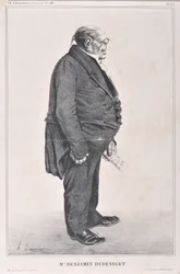 Kunstværk af Honore Daumier (1808-1879). Charivari stammer fra 1833: Caricature Celebrity Series “” M. Benjamin Dudessert ”” ”MUSEE DES BEAUX ARTS - PALAIS LONGCHAMP, MARSEILLE