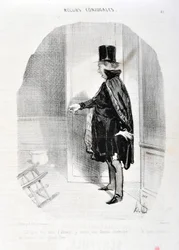 Kunstværk af Honore Daumier (1808-1879). Charivari stammer fra 1842: Serie MORES CONJUALES “” Himlen efter tre måneders fravær finder jeg min kone demenagee og hvilke minder jeg vasker hendes store Gud! “” KUNSTMUSEET - PALACE LONGCHAMP, MARSEILLE