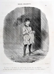 Kunstværk af Honore Daumier (1808-1879). Charivari stammer fra 1842: Serie MORES CONJUALES “” Min kone fortalte mig, vent på mig fem minutter. Jeg går op til min couturiere for en time for et kvarter siden, og døren siger, at på torvet i couturiere er der 