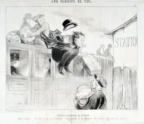 Kunstværk af Honore Daumier (1808-1879). Charivari stammer fra 1843: Serie LES Chemins de fer Tredive sekunder af station "" -Tiens Joseph! vla alt hvad jeg skal sende dig... tre pakker og en rejsende - Frem for alt pas på pakkerne”” MUSEE DES BEAUX ART