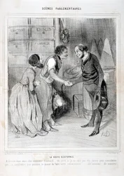 Kunstværk af Honore Daumier (1808-1879). Charivari stammer fra 1843: Serie SCENES PARLIAMENTARY. Valgbesøget. KUNSTMUSEET - PALACE LONGCHAMP, MARSEILLE