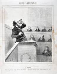 Kunstværk af Honore Daumier (1808-1879). Charivari stammer fra 1843: Serie SCENES PARLIAMENTARY. I galleriet - Inden vi går videre til spørgsmålet om sukkerarter, sagde hon. medlem ønsker at tænke godt over sit emne”” MUSEE DES BEAUX ARTS - PALAIS LONGCHAM