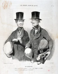 Kunstværk af Honore Daumier (1808-1879). Charivari stammer fra 1845: Serie LES BEAUX DAYS DE LA VIE. I Carnival “” -Lad os grine og gigotte! Jeg vil blive skuffet som smart! Berømt! Vi kan ikke genkende dig...” KUNSTMUSEET - PALACE LONGCHAMP, MARSEILLE